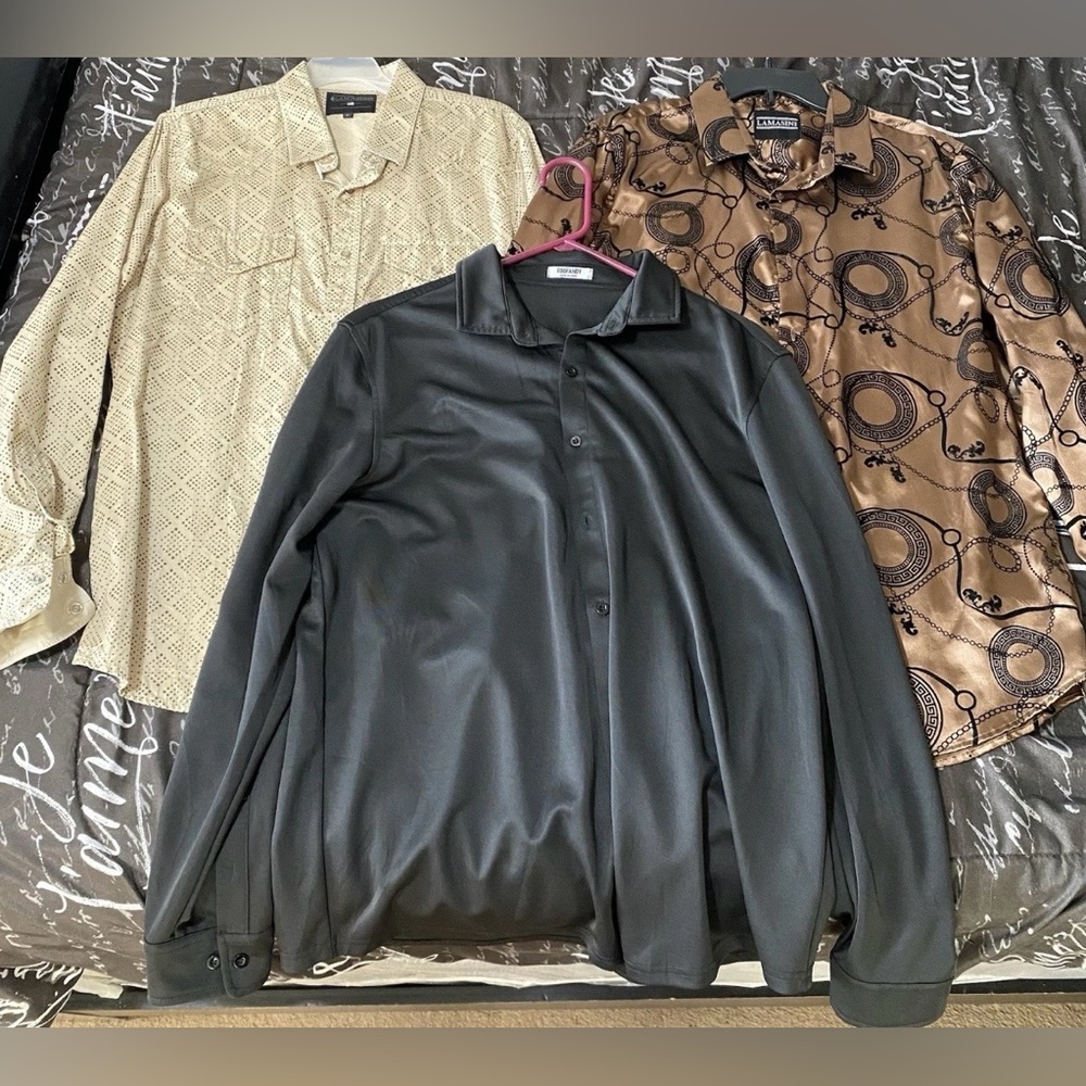 3 Men’s Long Sleeve Shirts Size L – Night Out Designer Style Bundle, Gold, Beige
